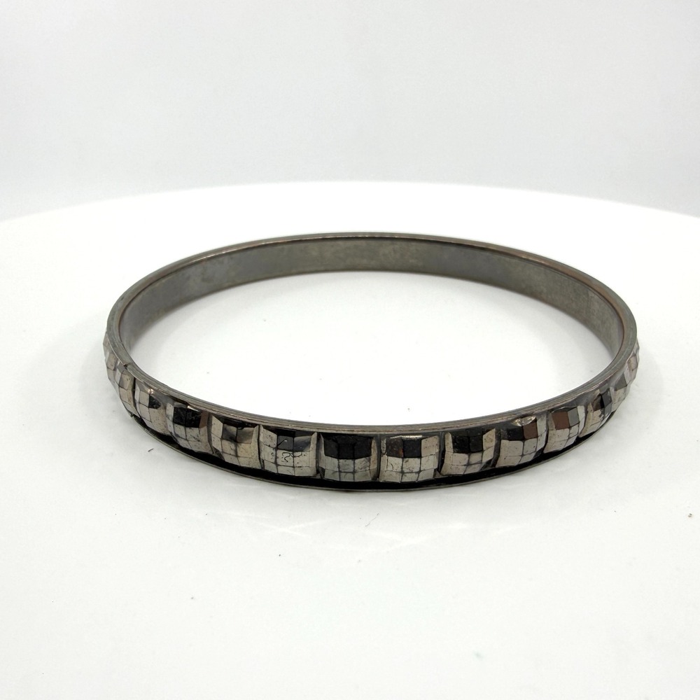 Gunmetal Checkerboard Mosaic Tile Bangle Bracelet - Vintage Industrial Chic